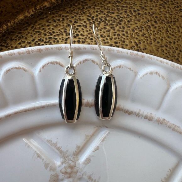 925 Sterling Silver Jewelry - Elongated Dangle Earrings Vintage Sterling Silver 925 NOS Black Onyx